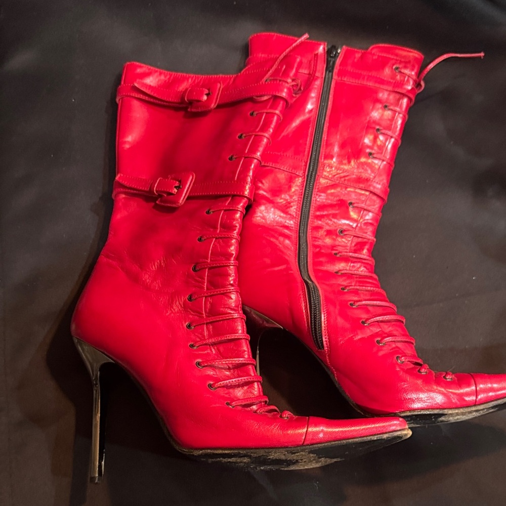Charles David Red Heeled Lace-Up Boots